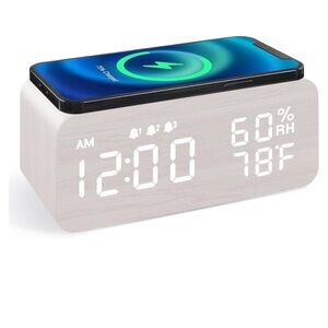 COPY - Wooden Digital Alarm Clock with Wireless Charging, 3 Alarms & LED Display